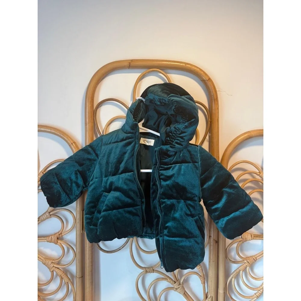 Gymboree Hooded Puffer Jacket Velvet Full Zip‎ Emerald Green 6-12 Months